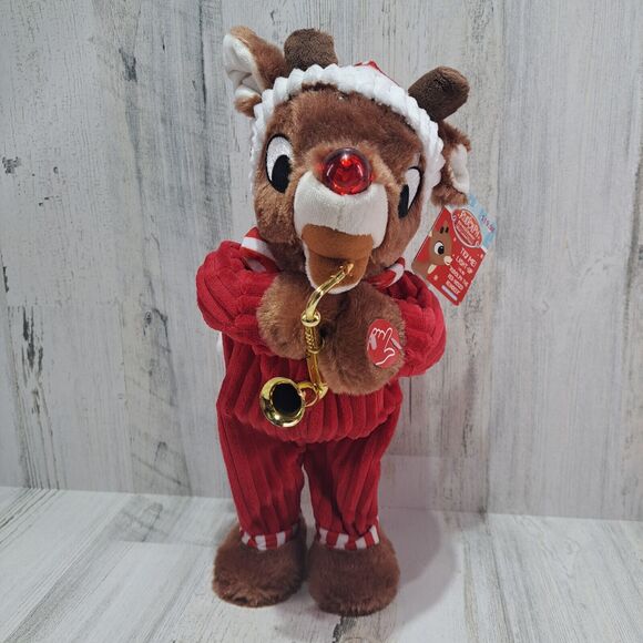 Animated Musical Rudolph Red Nosed Reindeer Playing Sax Christmas Decor Video - Picture 1 of 11